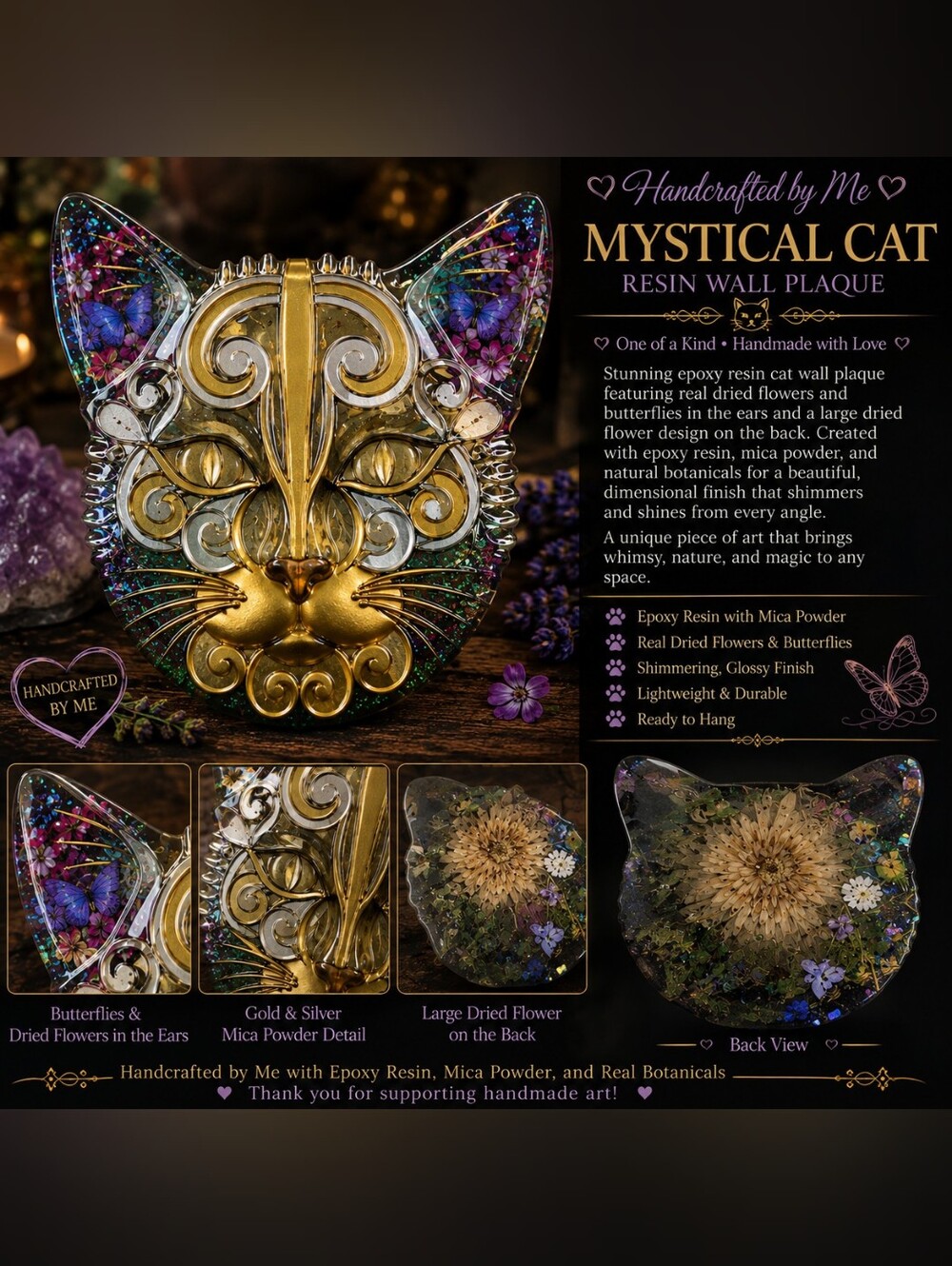 Mystical Cat Resin Wall Plaque - Gold & Multicolor -
